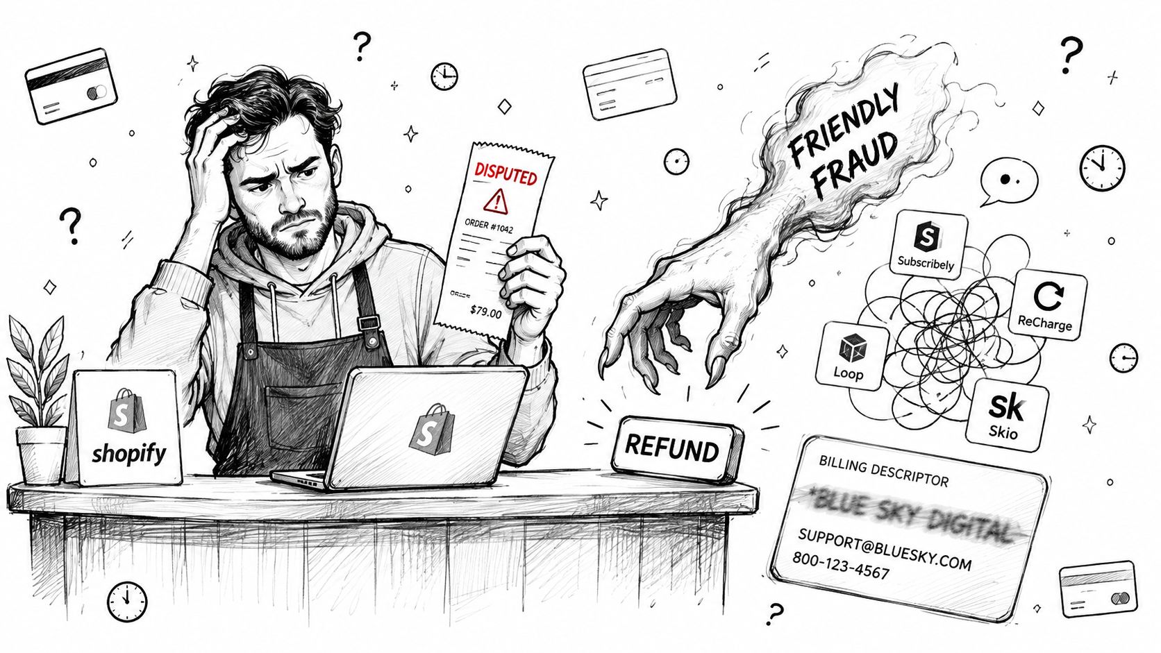 A distressed Shopify merchant holding a disputed order receipt while facing a shadowy friendly fraud figure.
