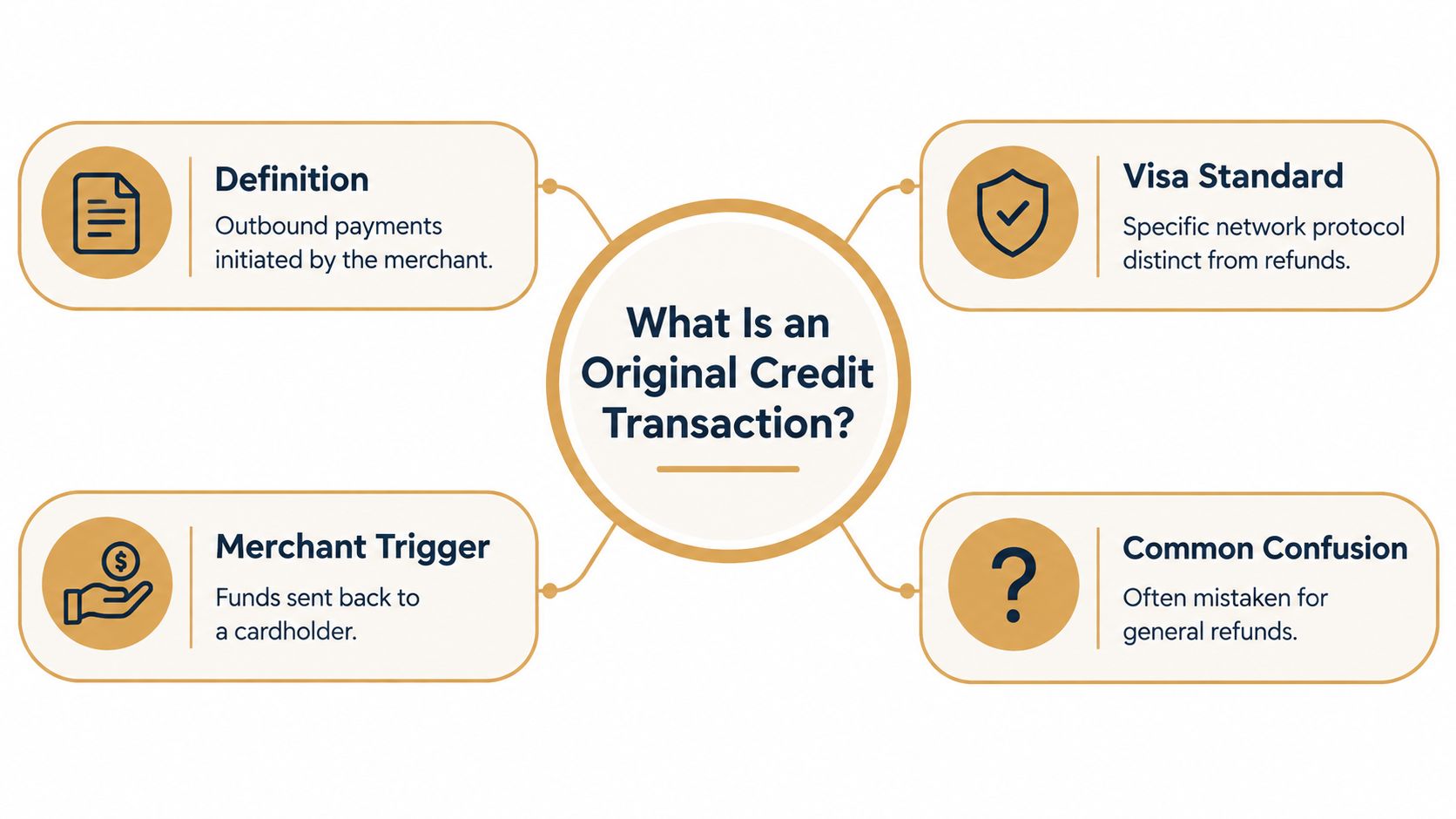 A diagram defining an Original Credit Transaction as merchant-initiated outbound payments distinct from standard customer refunds.