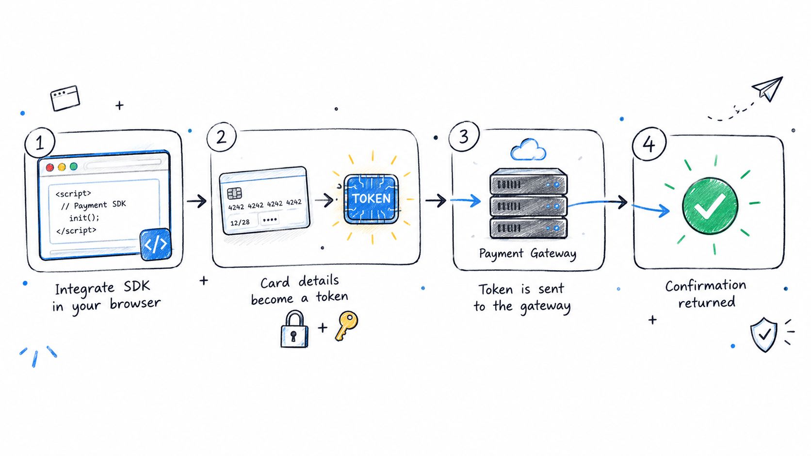 A diagram illustrating the four steps of a secure online payment gateway integration process for websites.