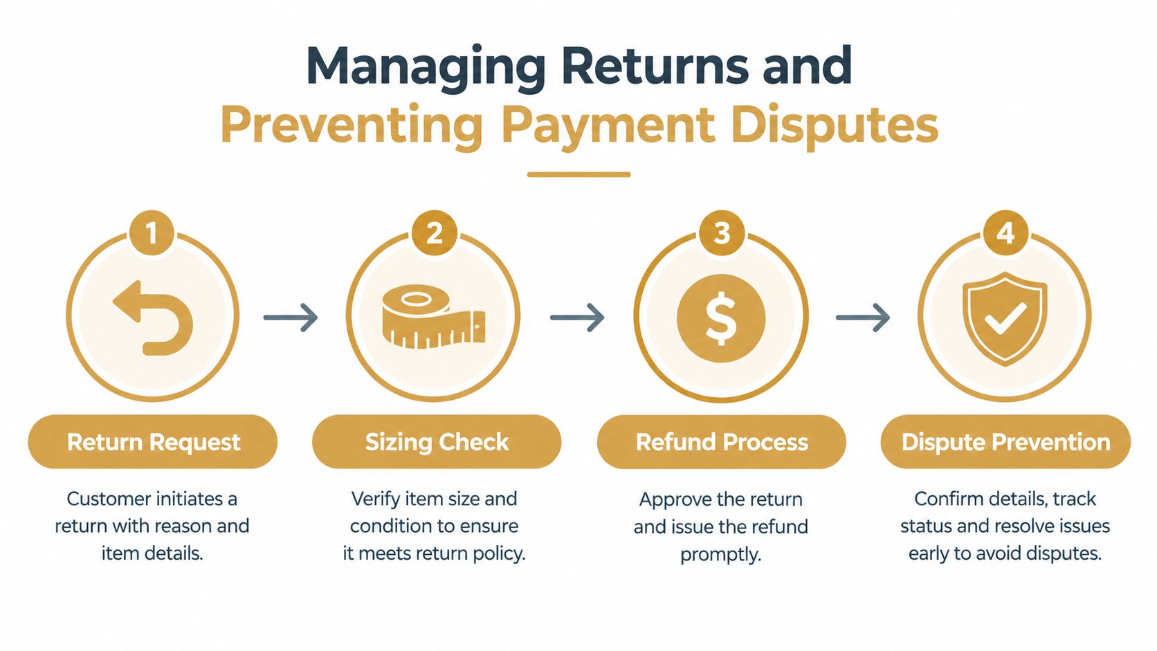 A four-step infographic illustrating the process of managing customer returns and preventing online payment disputes.