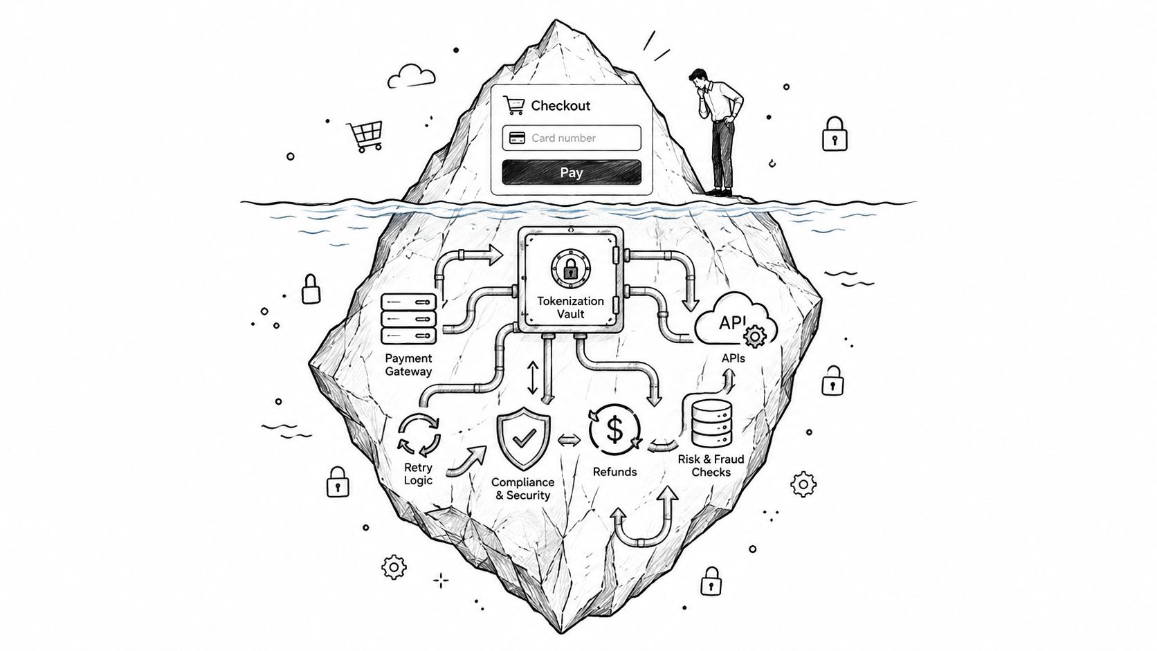 An iceberg illustration showing a checkout interface above water and complex payment backend infrastructure below water.