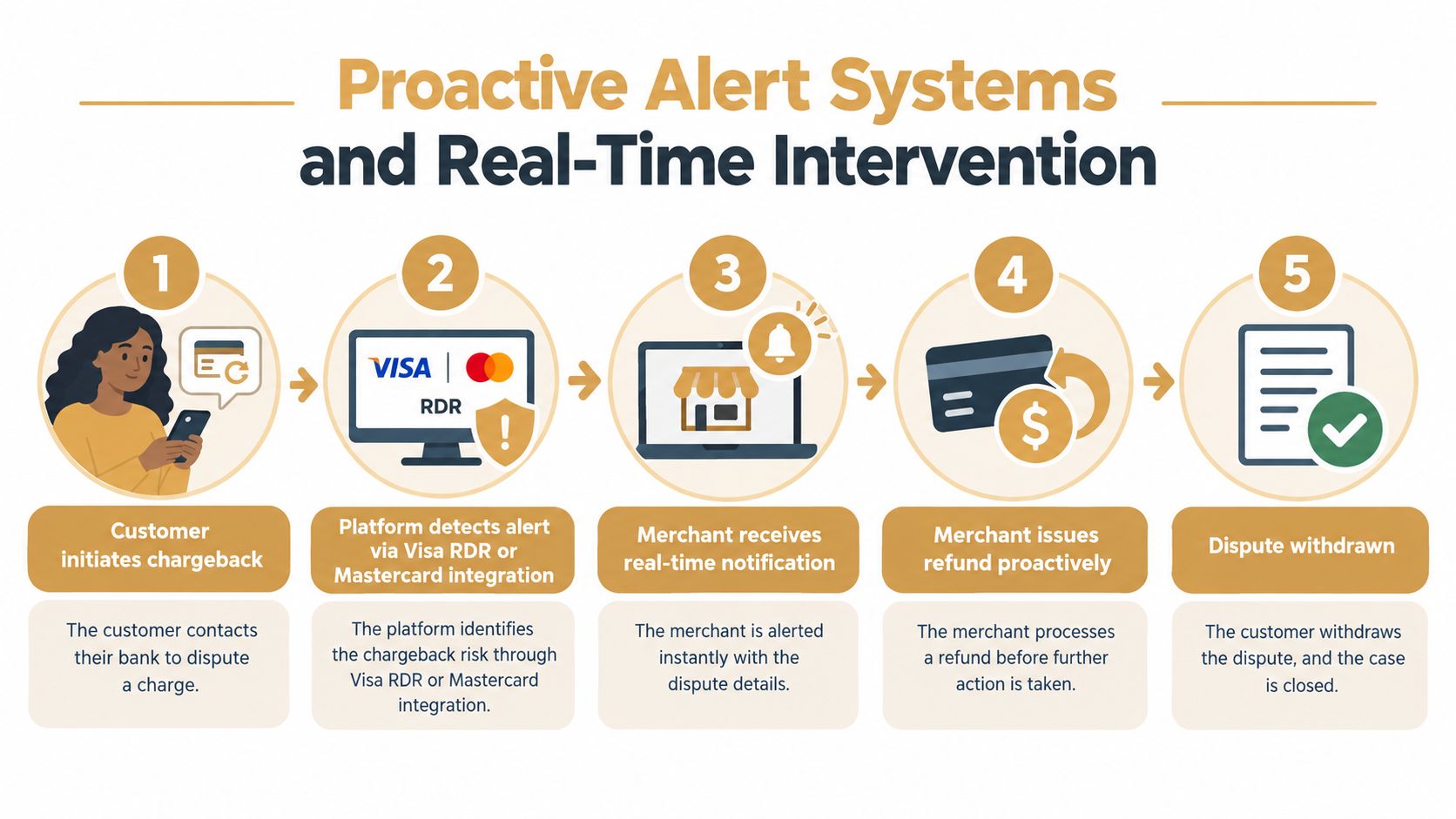 A five-step infographic showing the process of proactive chargeback dispute prevention and real-time merchant intervention.