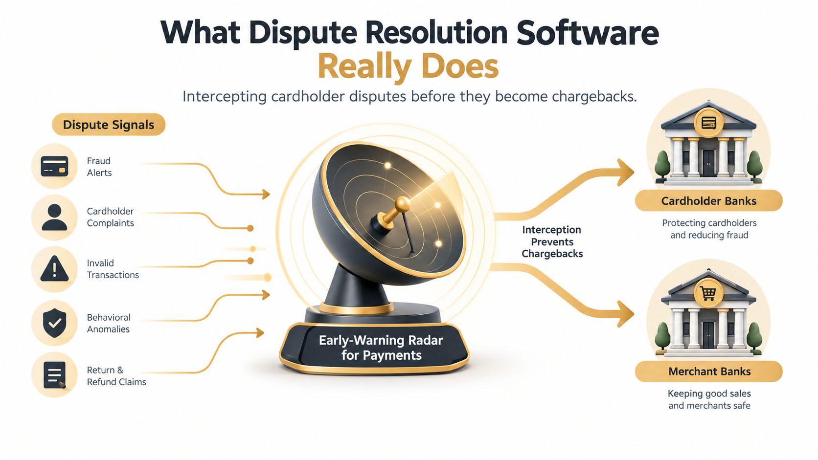 A diagram illustrating how early-warning radar technology acts as dispute resolution software to intercept chargebacks for banks.