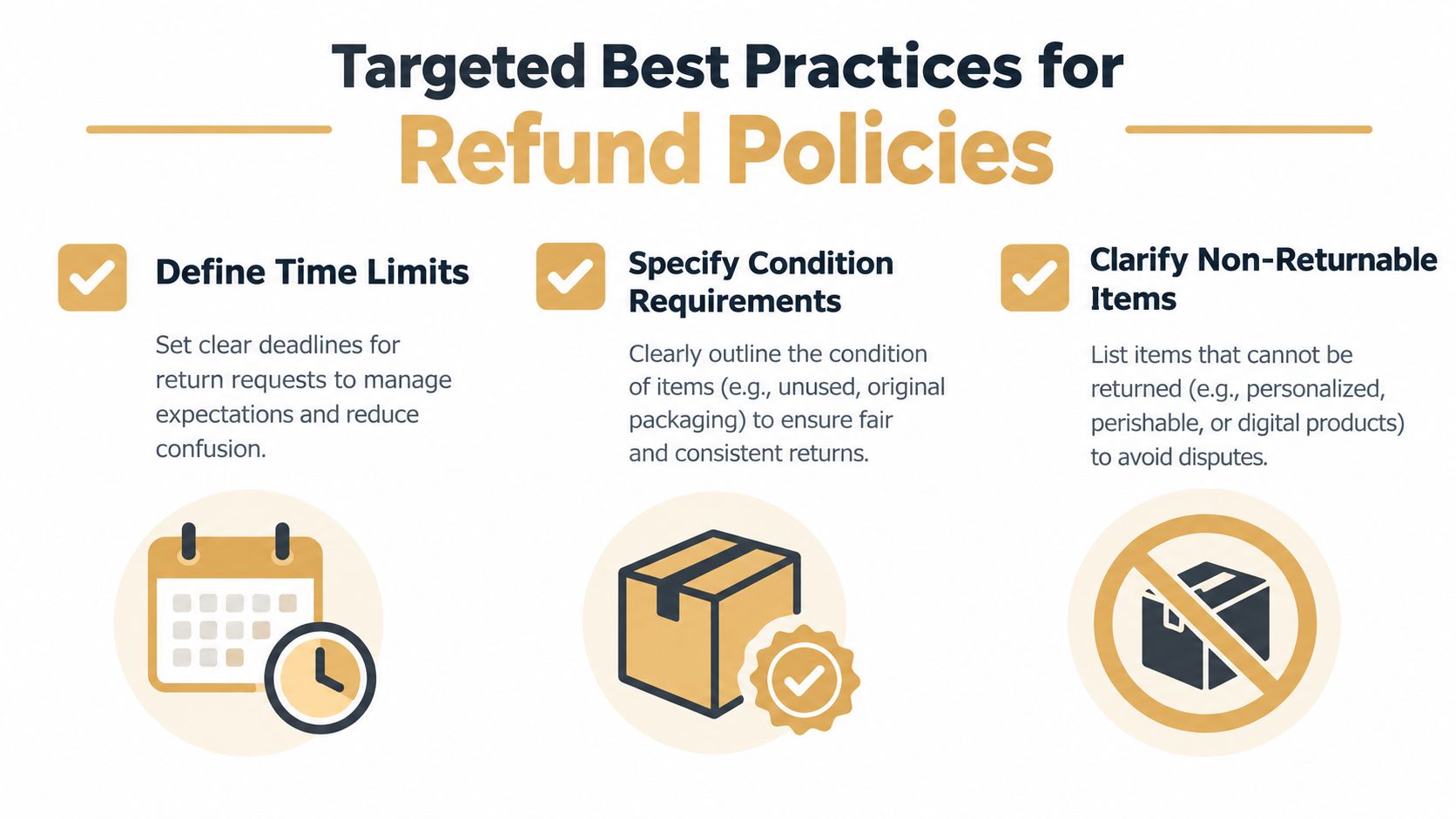 A guide listing three best practices for refund policies, including time limits, item condition requirements, and non-returnable items.