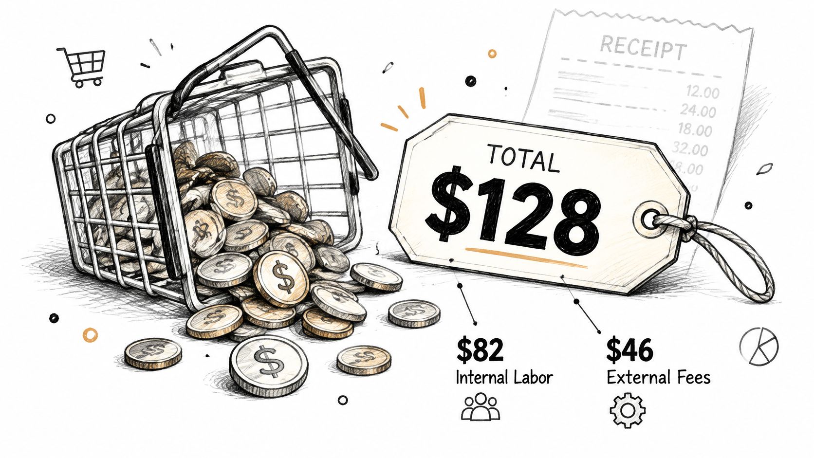 A hand-drawn illustration showing a shopping basket of coins and a price tag totaling $128, labeled with internal labor and external fees.
