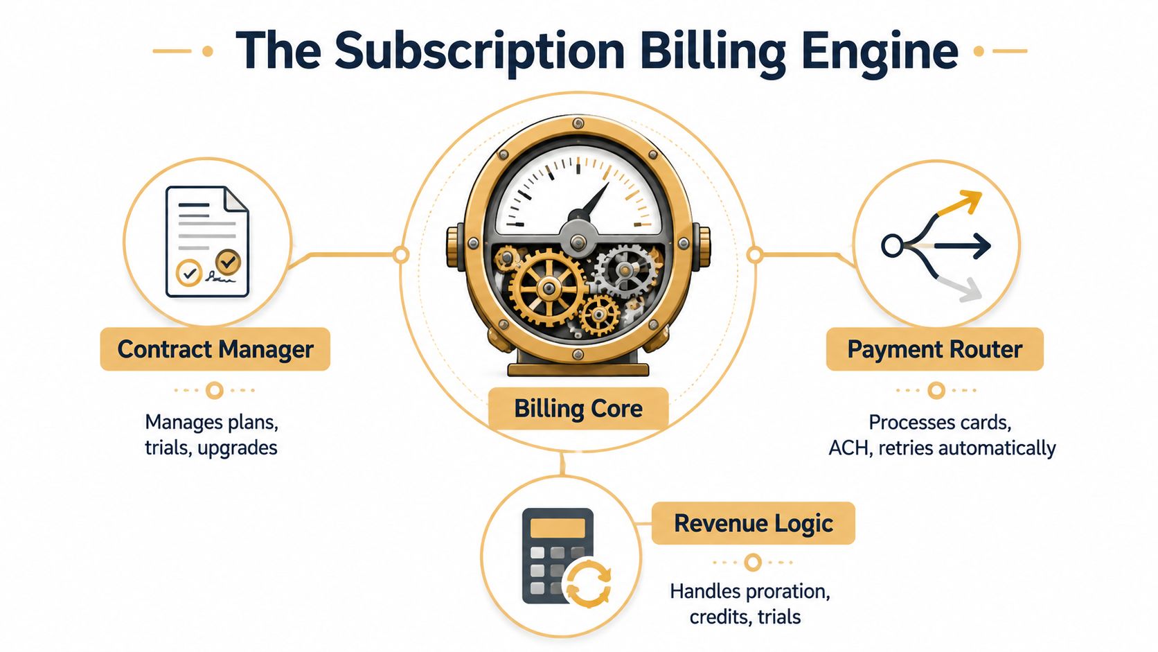 A diagram illustrating a subscription billing engine with components for contract management, payment routing, and revenue logic.