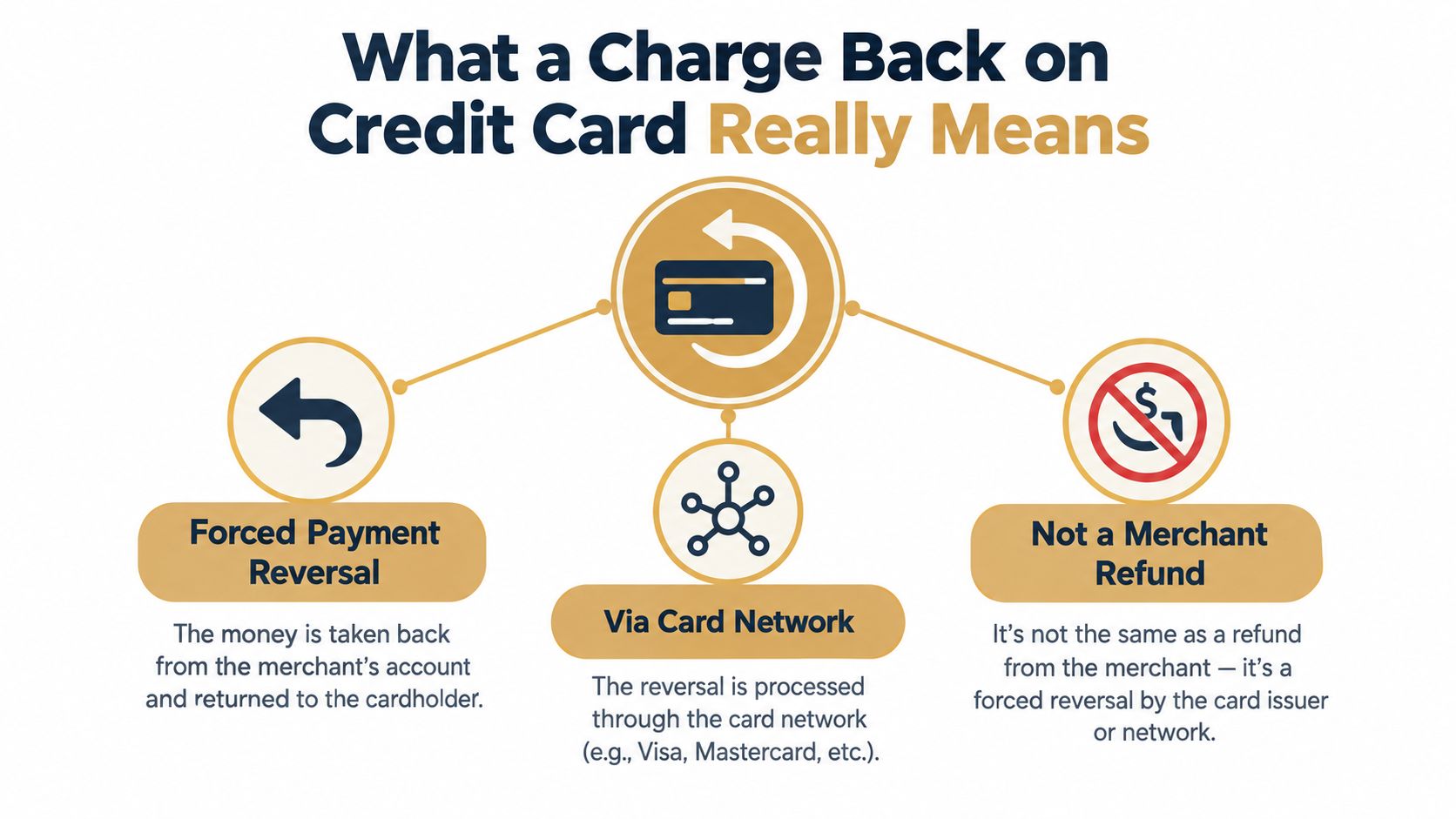 A diagram explaining credit card chargebacks as forced reversals processed through card networks rather than merchant refunds.