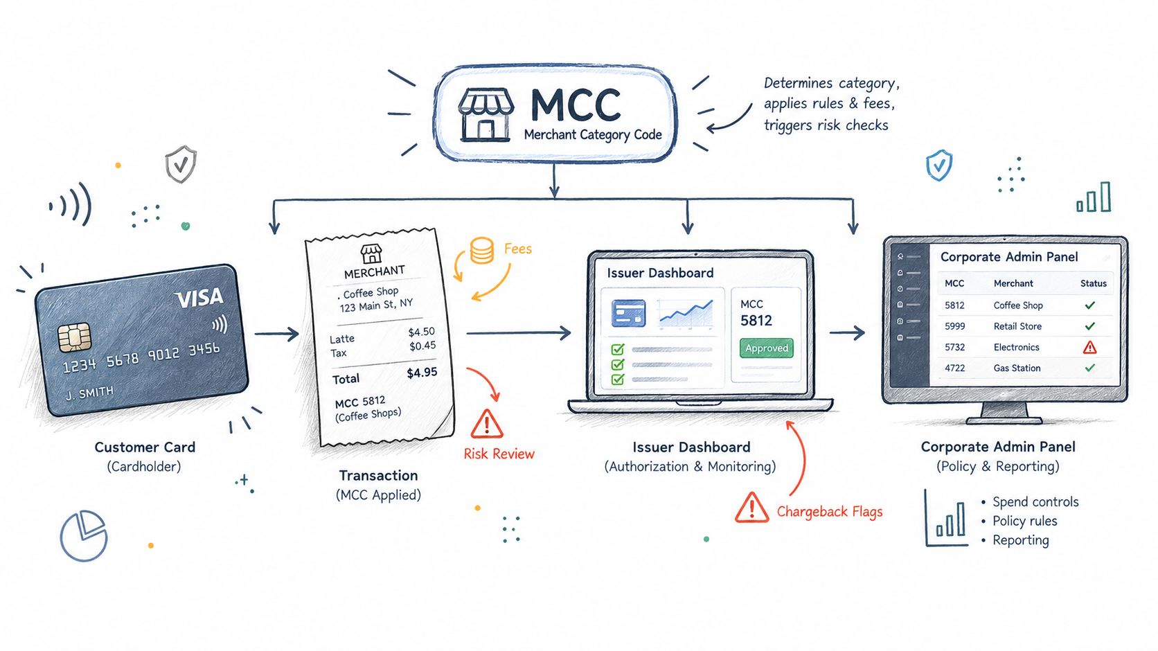 An infographic illustrating how merchant category codes work during a credit card transaction and administrative monitoring process.
