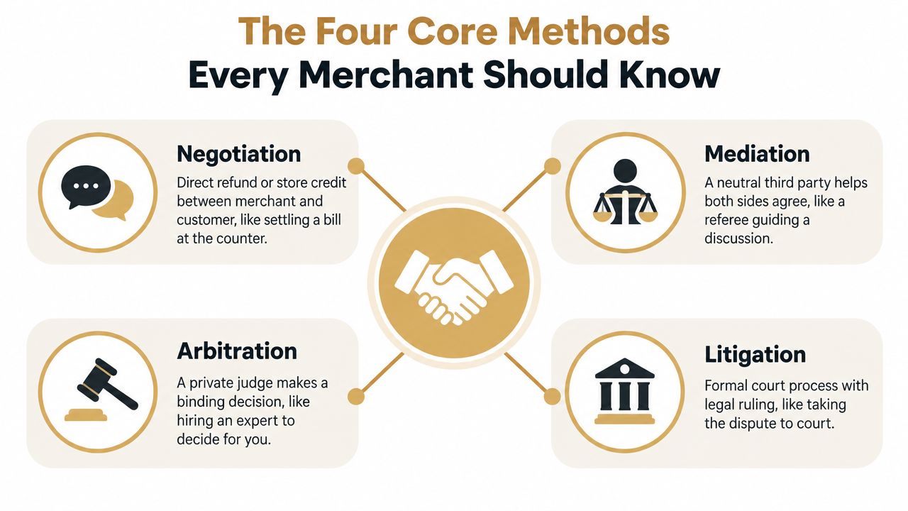 An infographic titled The Four Core Methods Every Merchant Should Know, explaining negotiation, mediation, arbitration, and litigation.