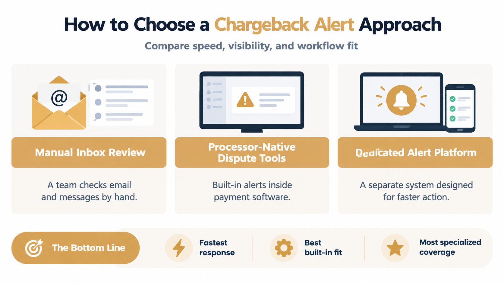An infographic showing three ways to manage chargeback alerts: manual review, processor tools, and dedicated platforms.
