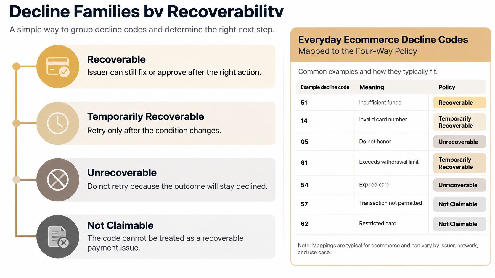 A chart categorizing credit card decline codes into recoverability groups like recoverable, temporarily recoverable, and unrecoverable types.