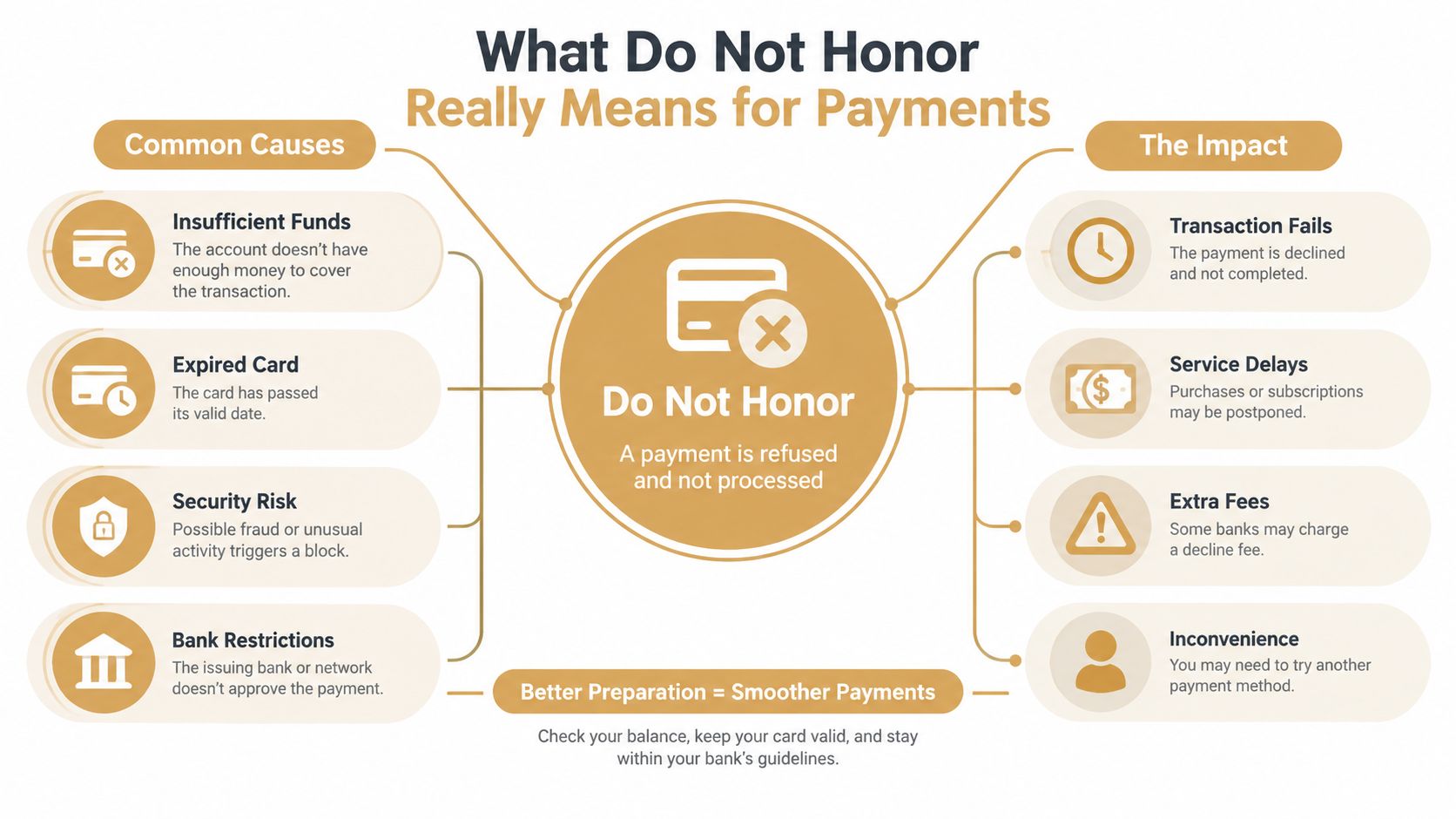 An infographic explaining common causes and impacts of a Do Not Honor payment refusal message.