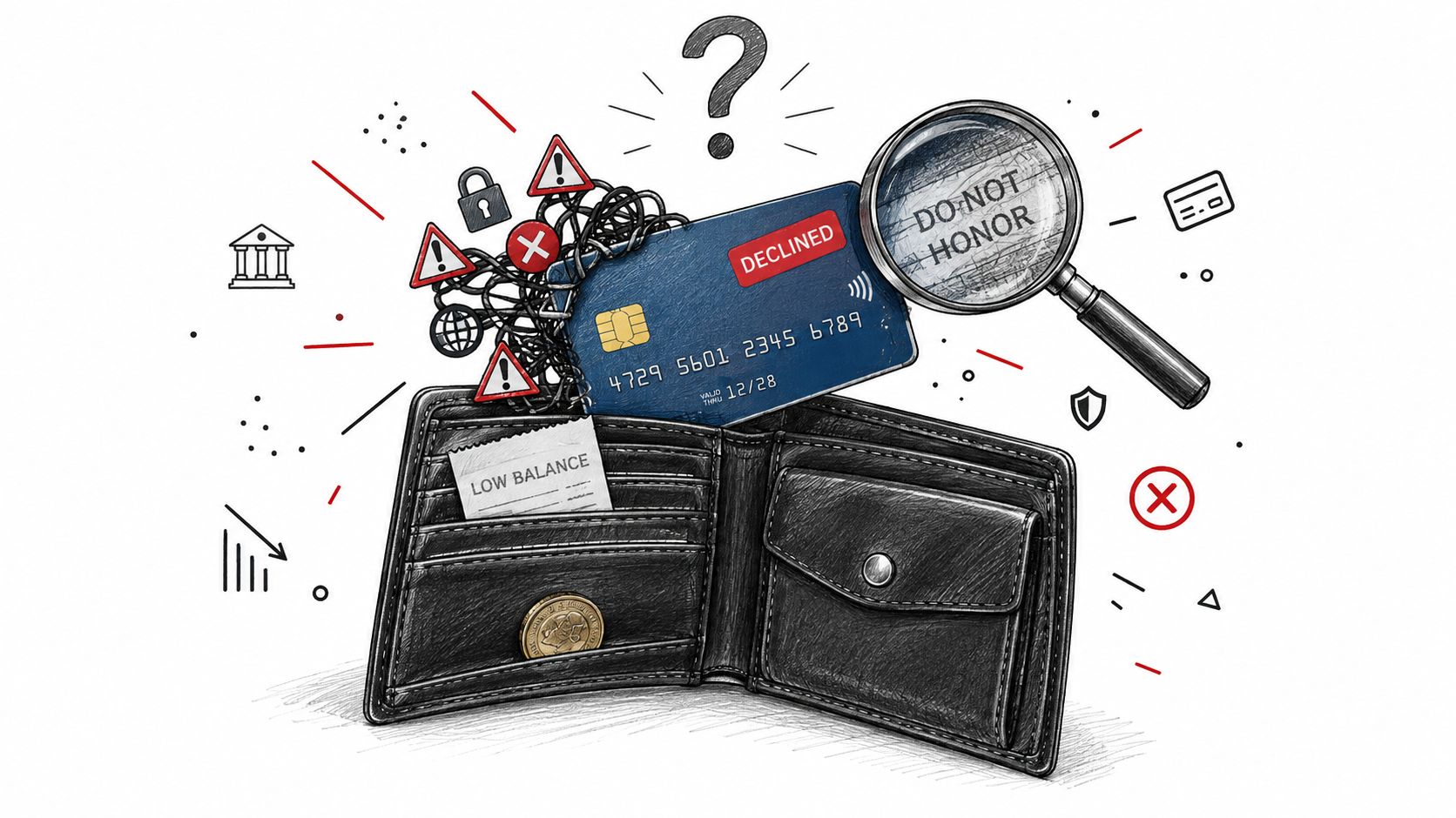 A leather wallet with a declined credit card, low balance receipt, and magnifying glass showing Do Not Honor.