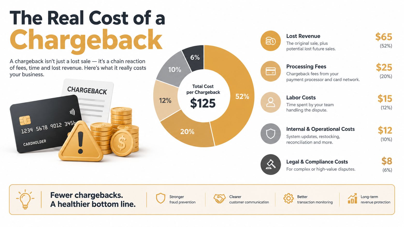 A pie chart infographic detailing the $125 average financial breakdown and hidden costs of business chargebacks.