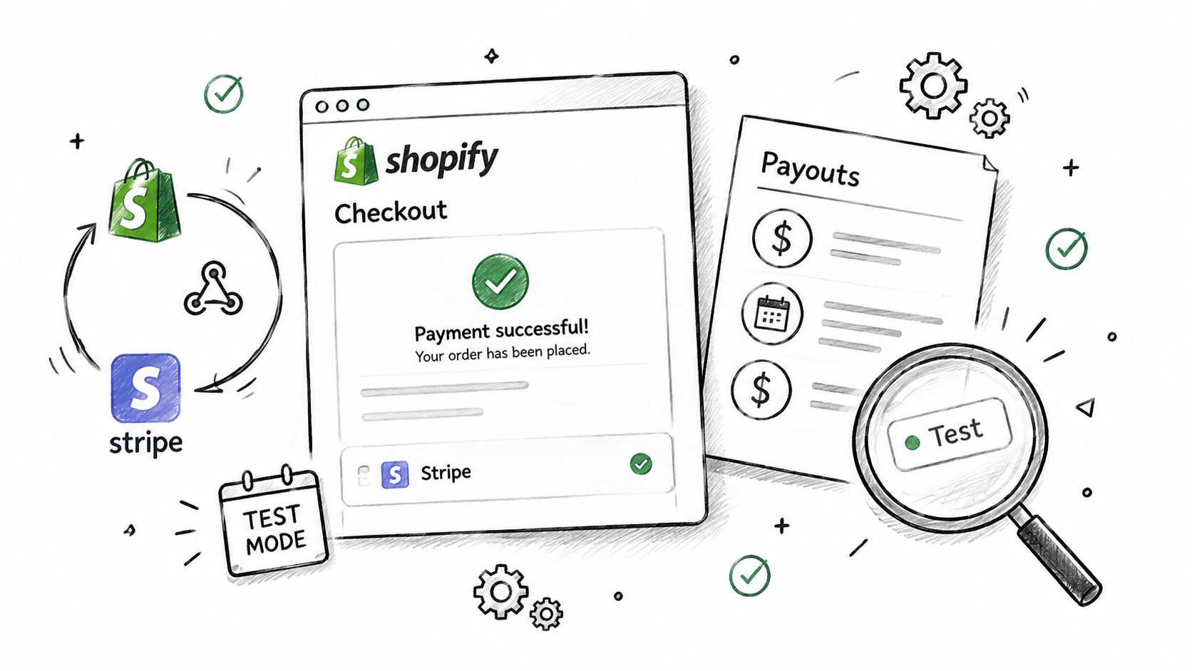 A hand-drawn illustration showing the integration between Shopify checkout and Stripe payment processing in test mode.
