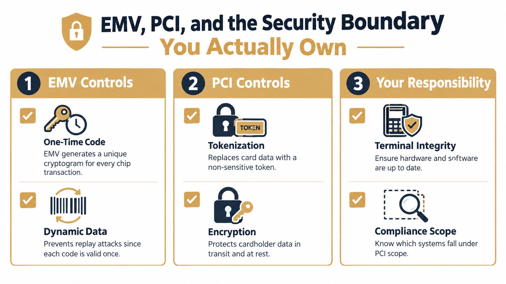 An infographic showing the security boundaries and responsibilities for EMV, PCI, and merchant terminal compliance.