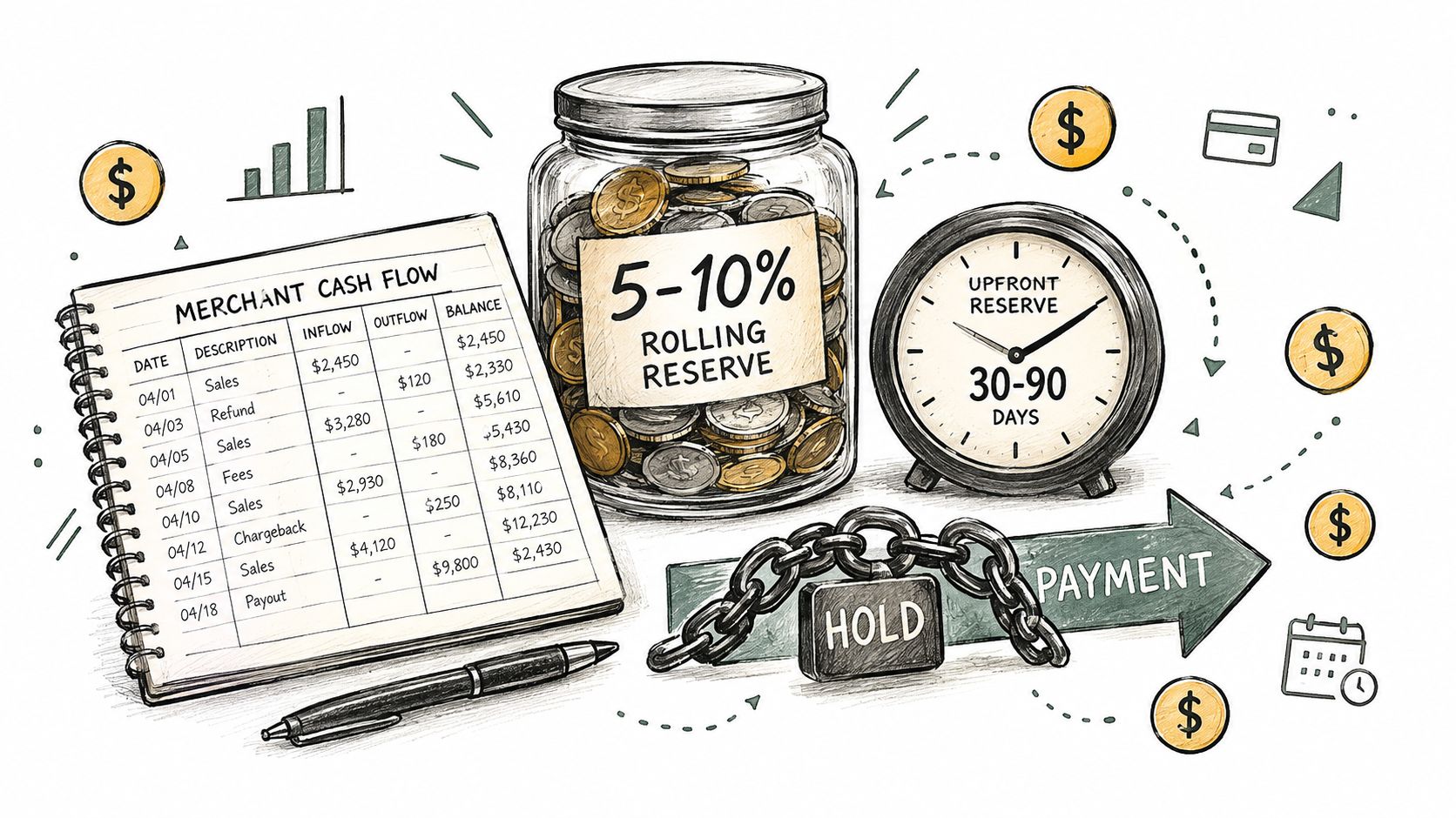 An infographic showing merchant cash flow, rolling reserves, and payment holds for high-risk business payments.