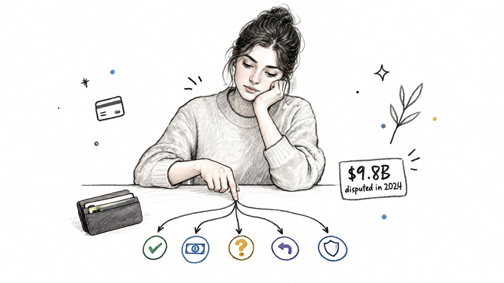 A pensive woman looking at financial symbols representing the credit card transaction dispute process in 2024.