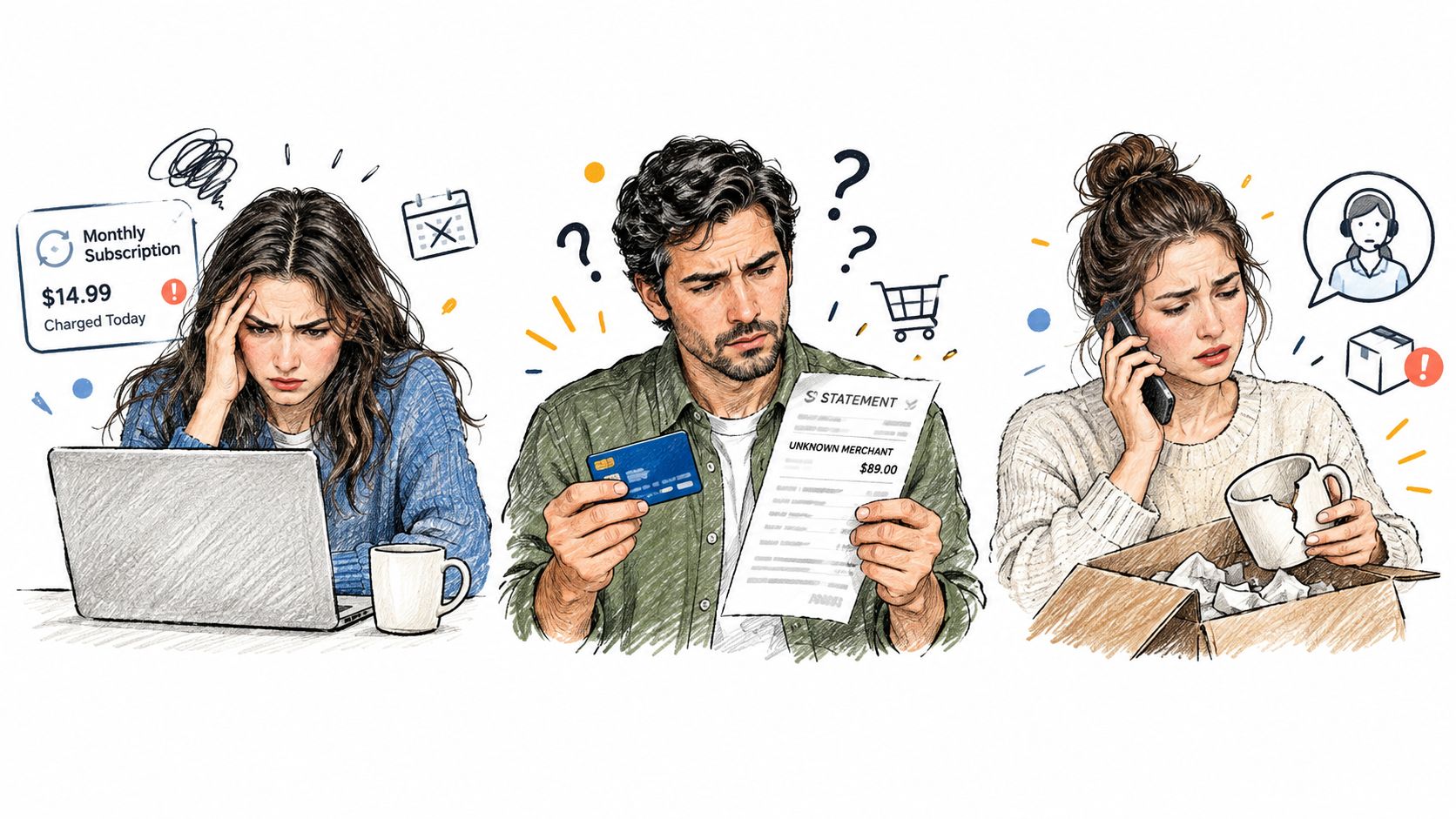 Three people looking stressed while dealing with subscription charges, mysterious billing statements, and damaged product complaints.
