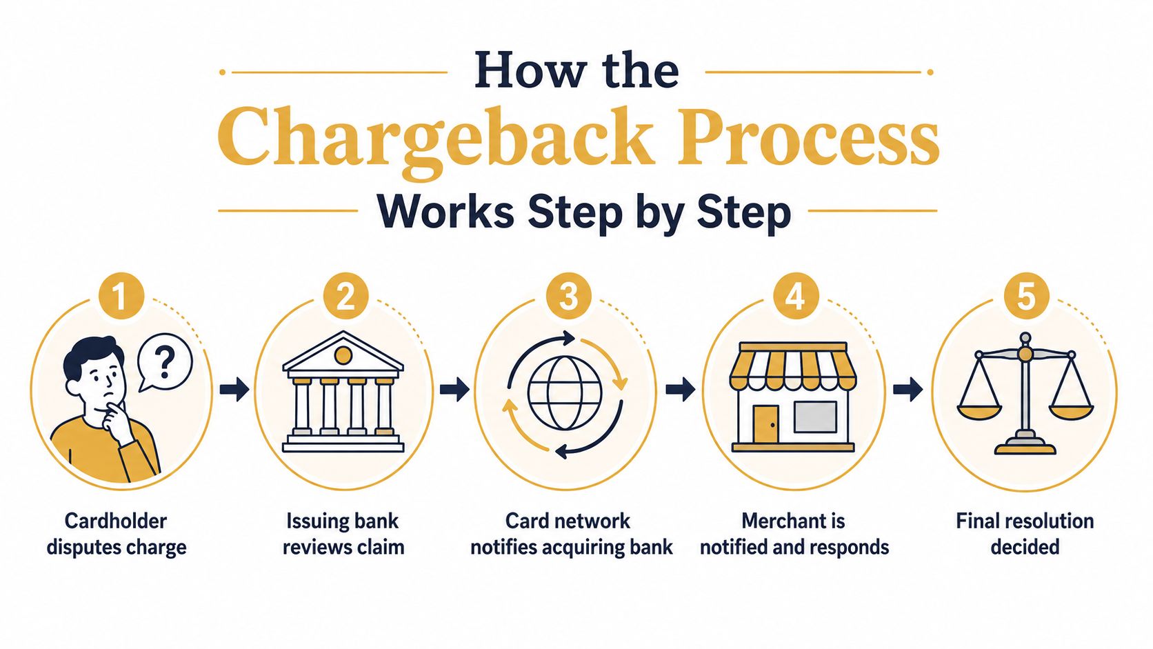 A five-step infographic showing the sequence of how a credit card chargeback process works for consumers.