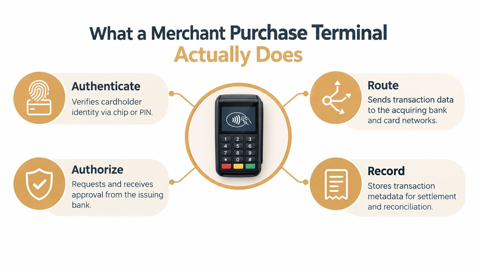 An infographic titled What a Merchant Purchase Terminal Actually Does, explaining authentication, authorization, routing, and recording processes.