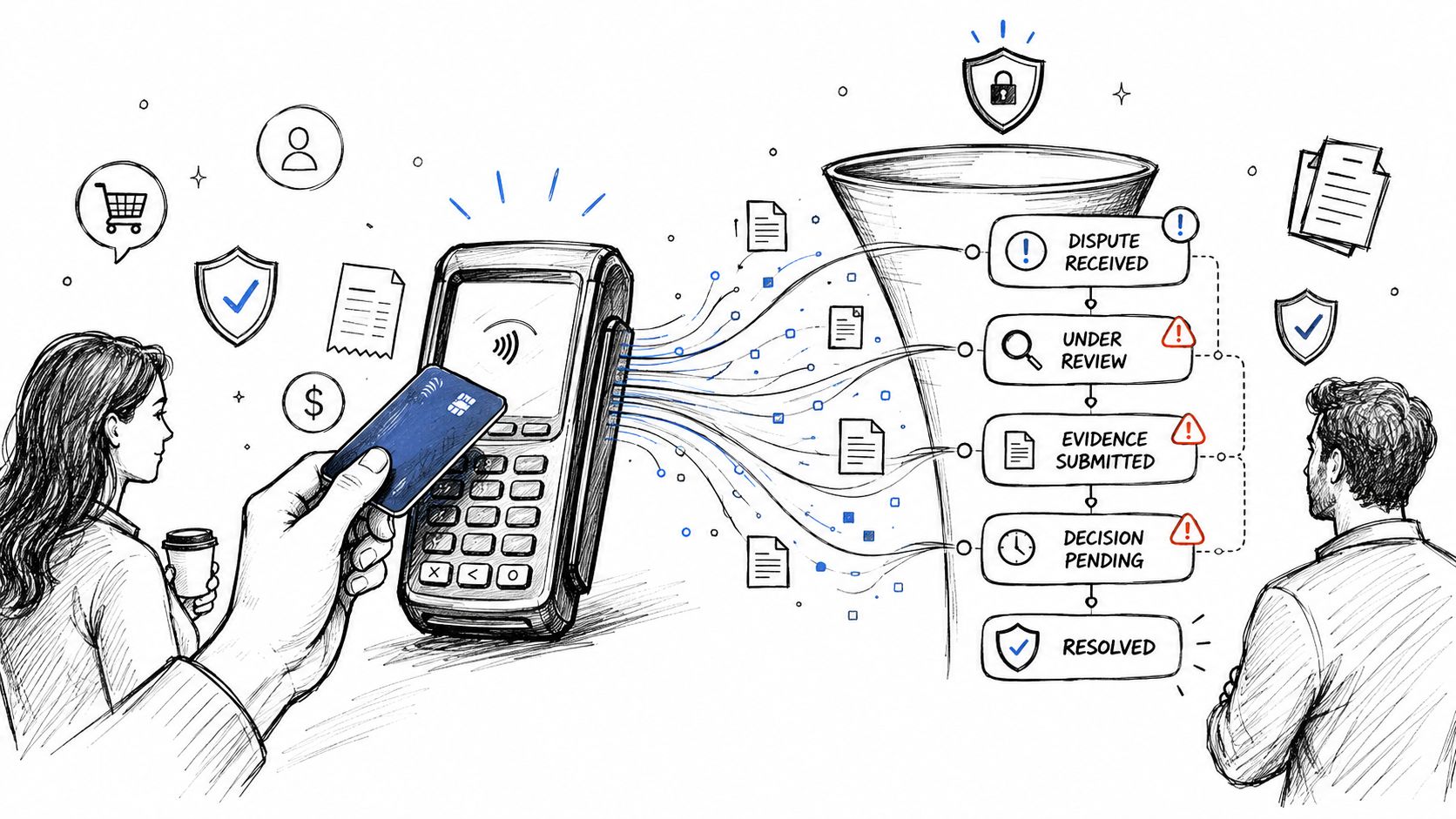 A hand holding a credit card over a payment terminal processing a transaction into a digital funnel.