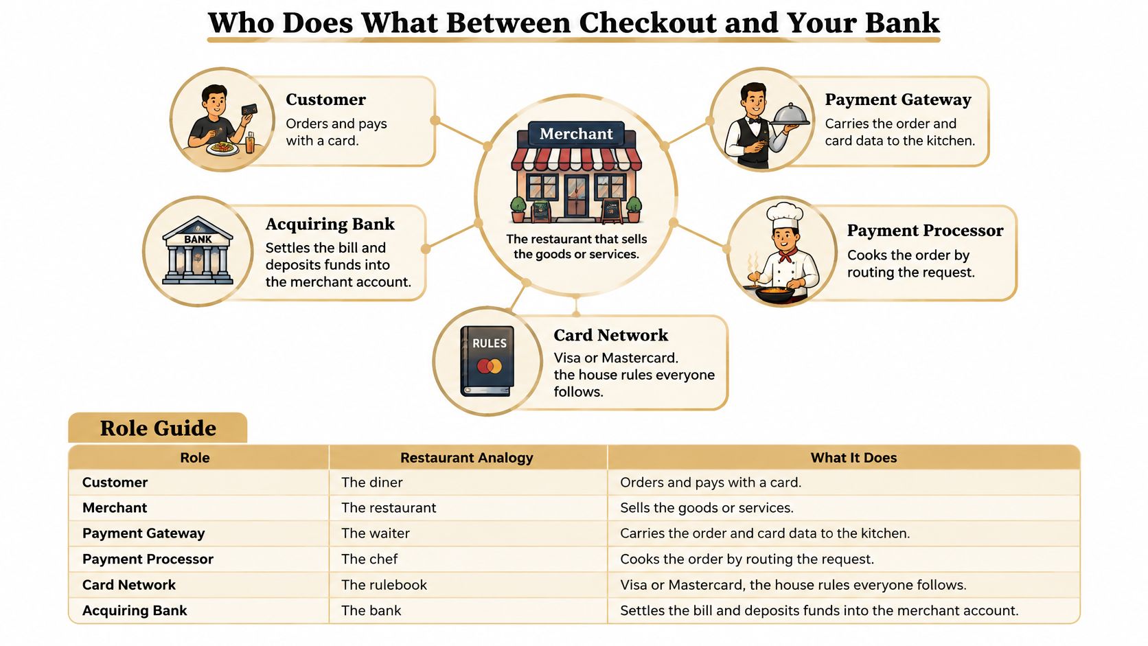 A diagram explaining payment processing roles using a restaurant analogy, including customer, merchant, bank, and network.