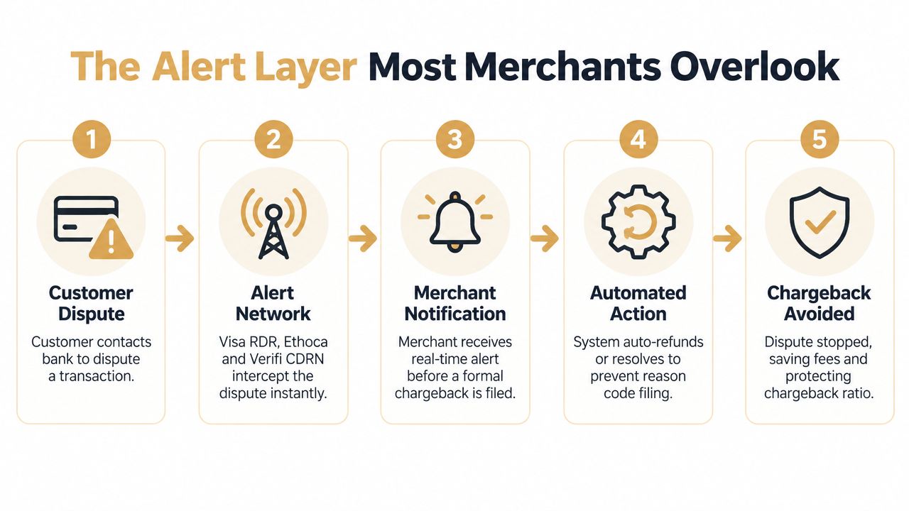 A five-step infographic showing how the alert layer helps merchants avoid customer chargebacks and disputes.