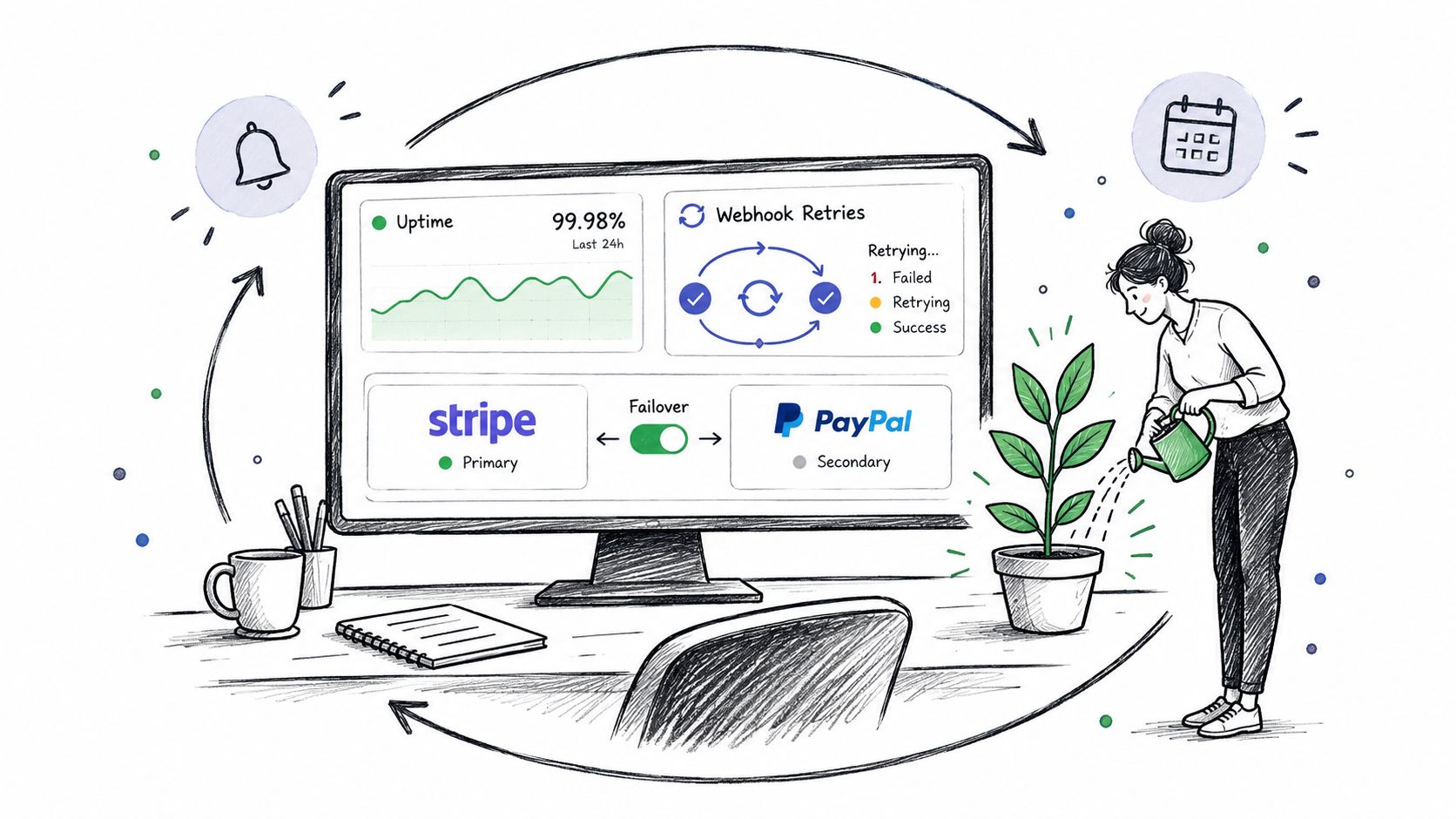 A hand-drawn illustration showing a monitor displaying payment gateway dashboard with failover settings and a person watering a plant.