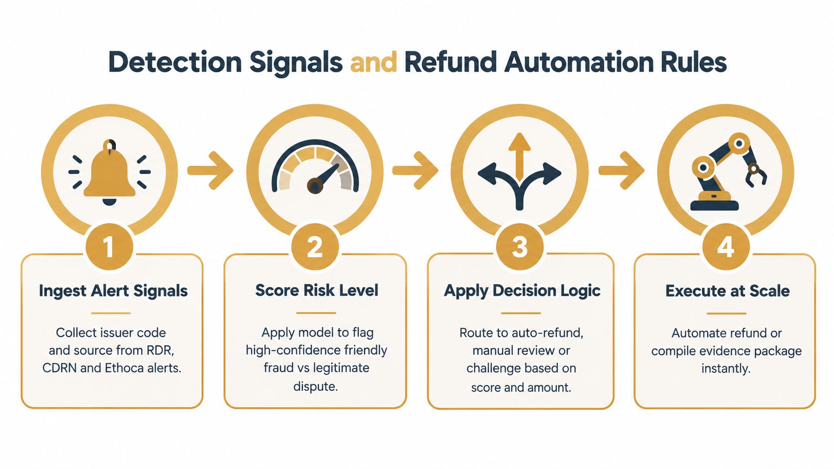 A four-step infographic illustrating the workflow for detection signals and automated refund processing for fraud.