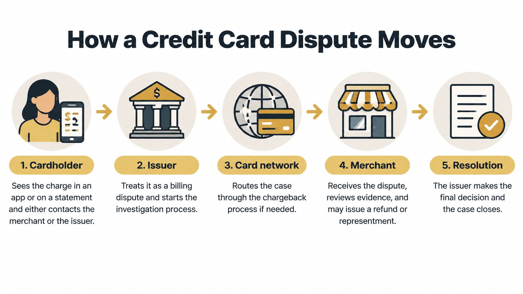A five-step infographic explaining how a credit card dispute moves through the financial investigation process.