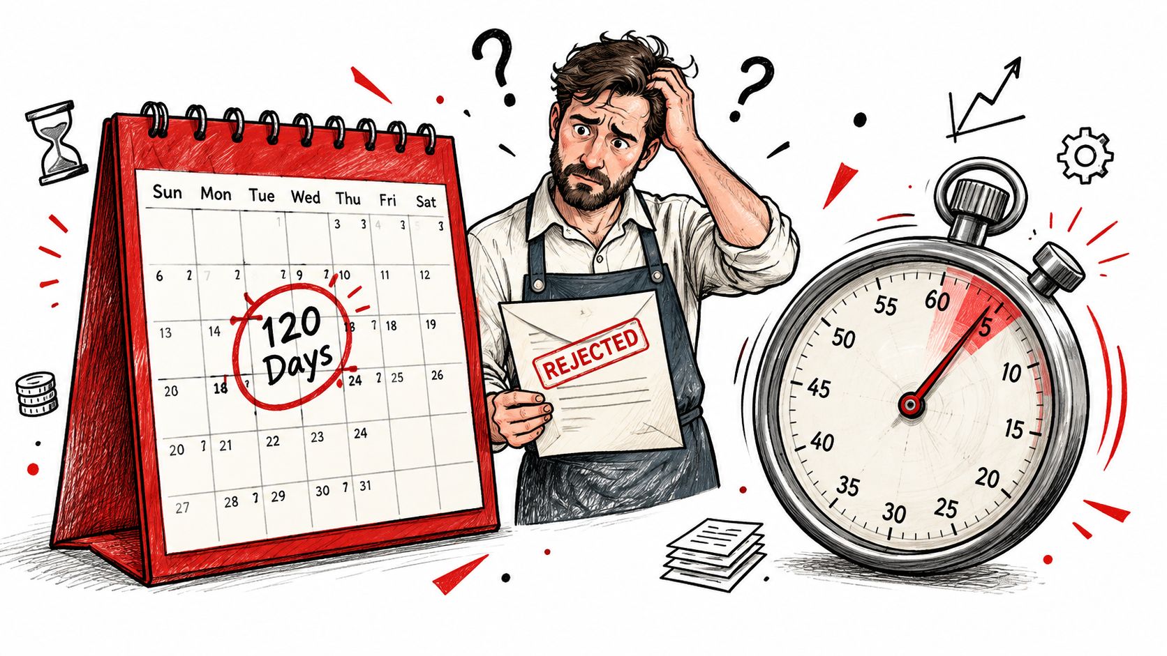 A man looking confused while holding a rejected document, with a calendar showing 120 days and a stopwatch.