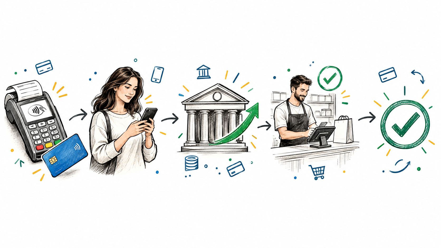 An illustration showing a seamless payment process from a customer using a mobile device to bank verification and transaction completion.