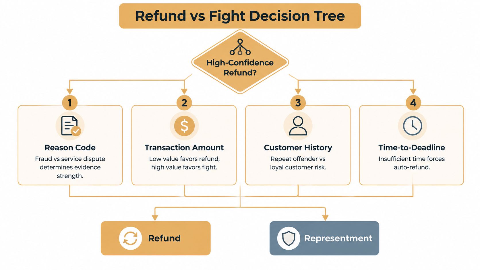 A decision tree diagram illustrating the criteria used to choose between issuing a refund or fighting a chargeback.