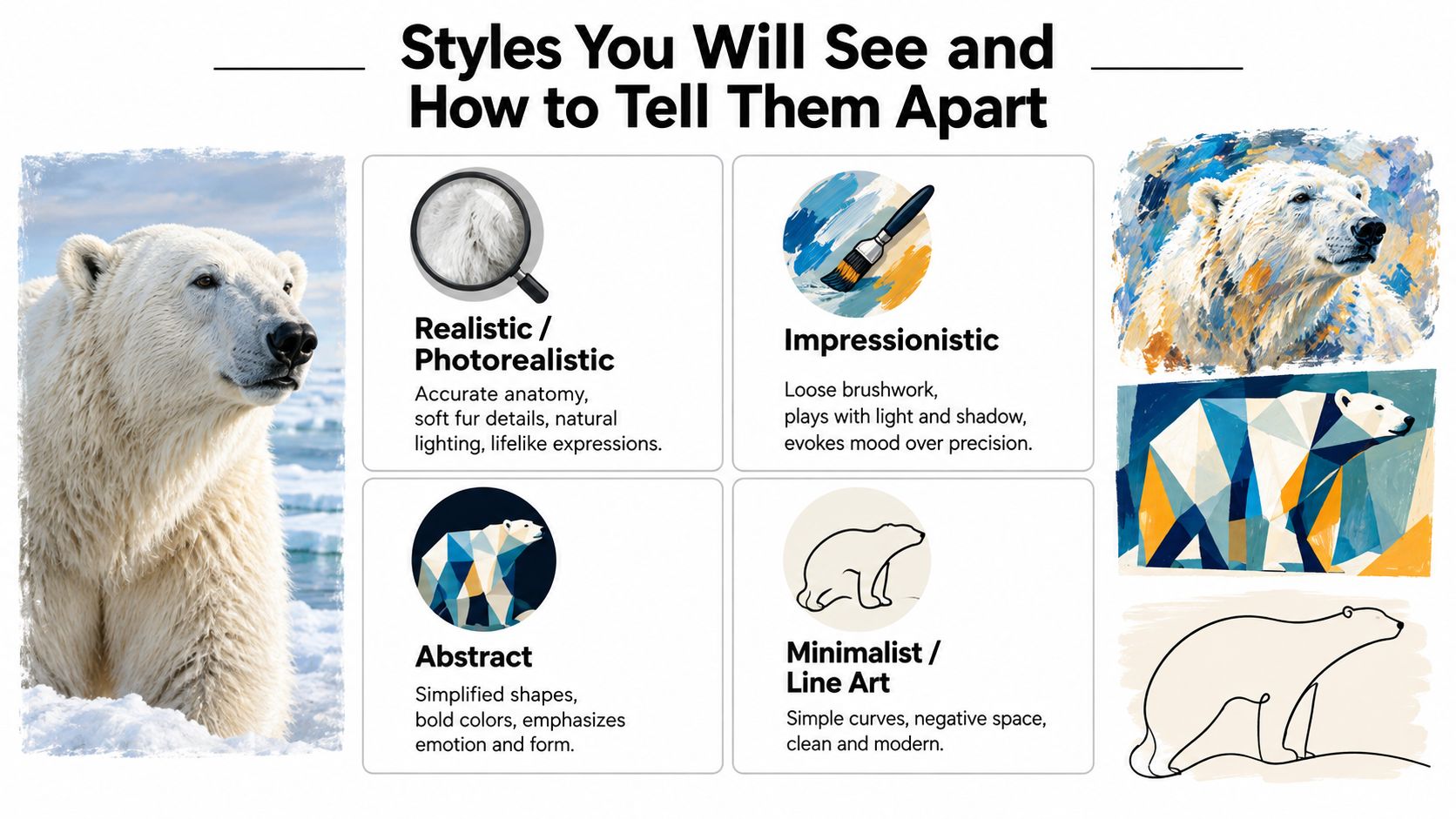 An educational infographic comparing four different artistic styles featuring polar bear illustrations: Realistic, Impressionistic, Abstract, and Minimalist.