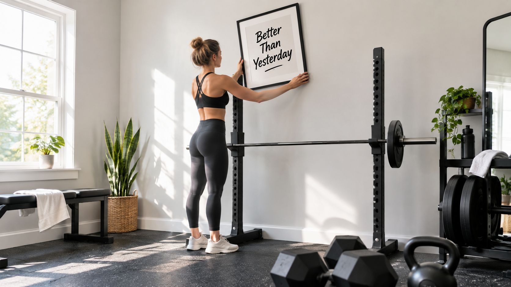 A fit woman in athletic wear hanging a motivational sign on her home gym wall.
