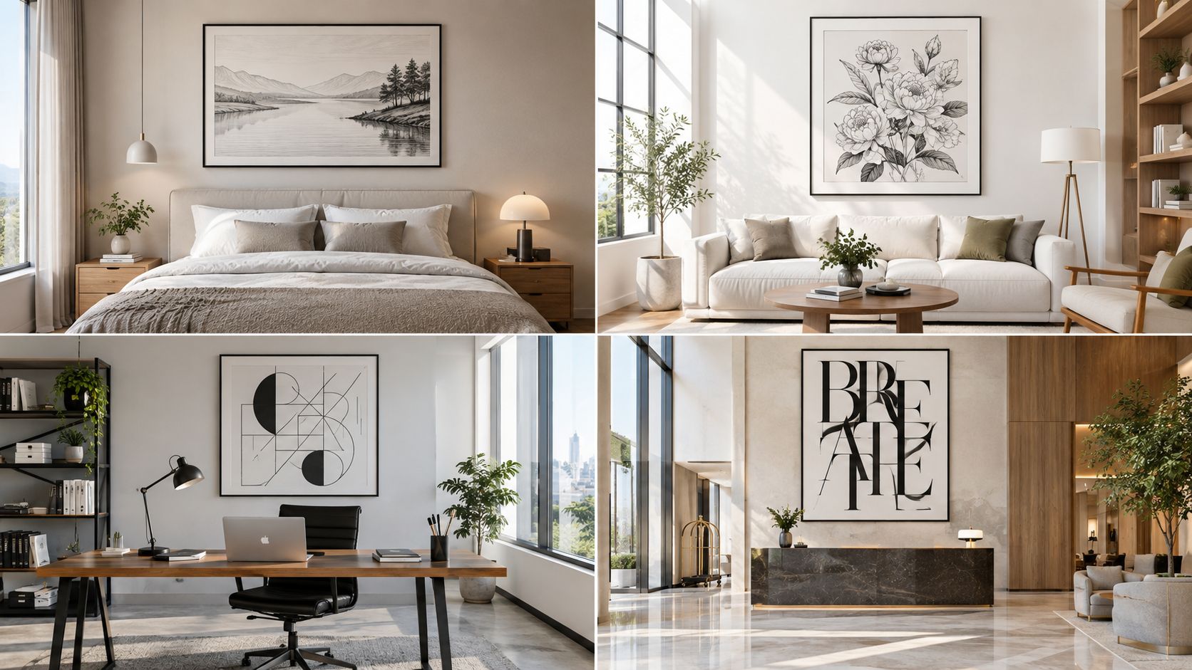 A four-part collage displaying minimalist interior designs featuring black and white line art wall decor.