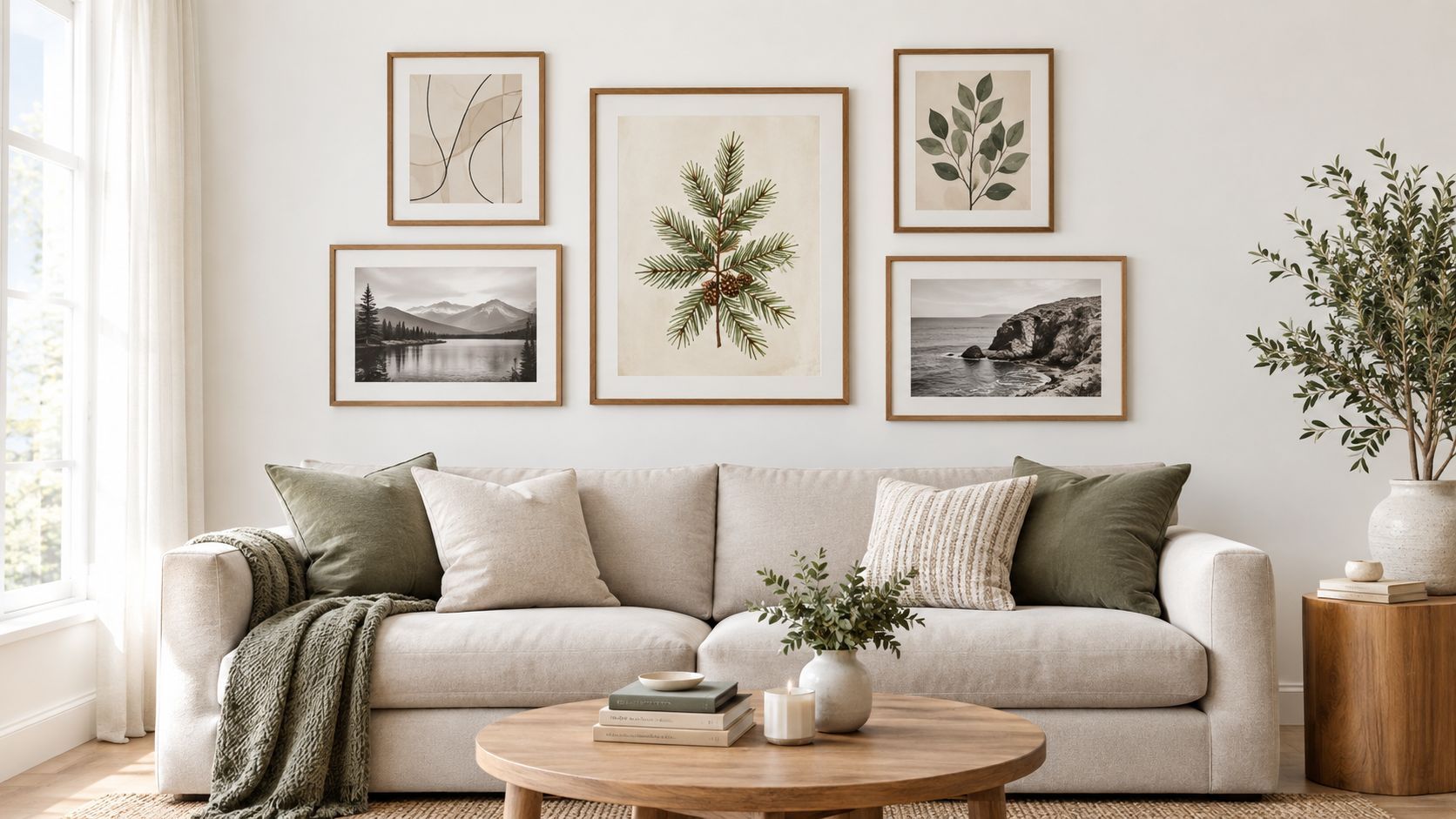 A modern living room with a beige sofa, gallery wall art, and cozy decor in neutral tones.