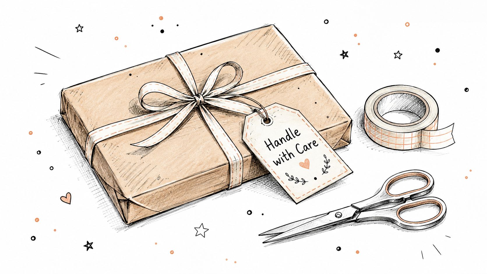 A hand-drawn illustration of a wrapped brown package with a ribbon, gift tag, scissors, and adhesive tape.