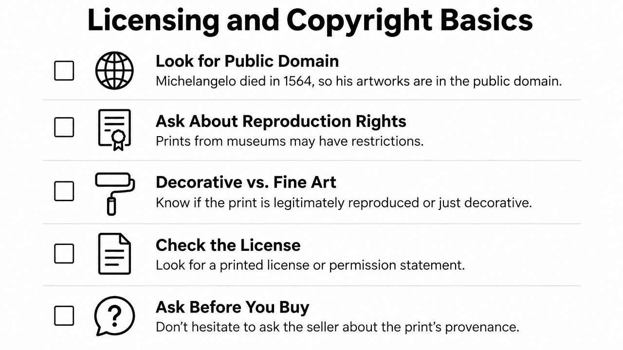 An infographic titled Licensing and Copyright Basics providing five tips for buying artwork prints safely.