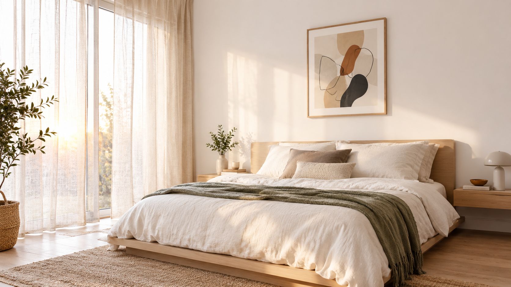 A serene, minimalist bedroom featuring a wooden bed, neutral bedding, green throw blanket, and abstract wall art.