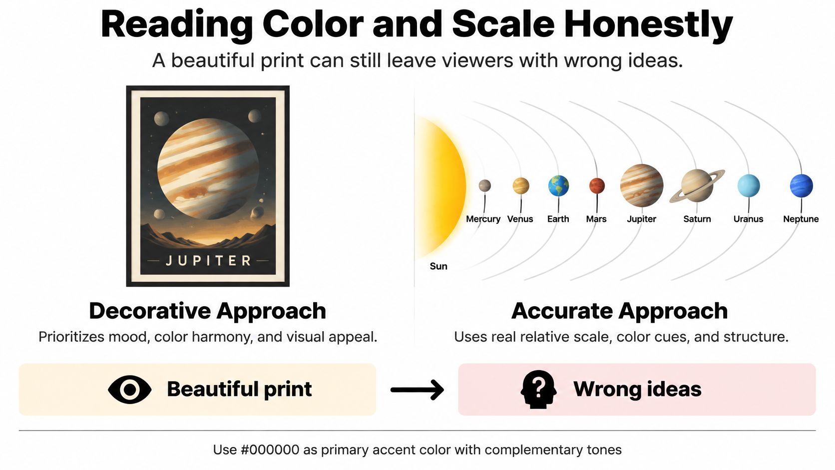 A comparison graphic showing how decorative art can misrepresent the accurate scale of planets in the solar system.