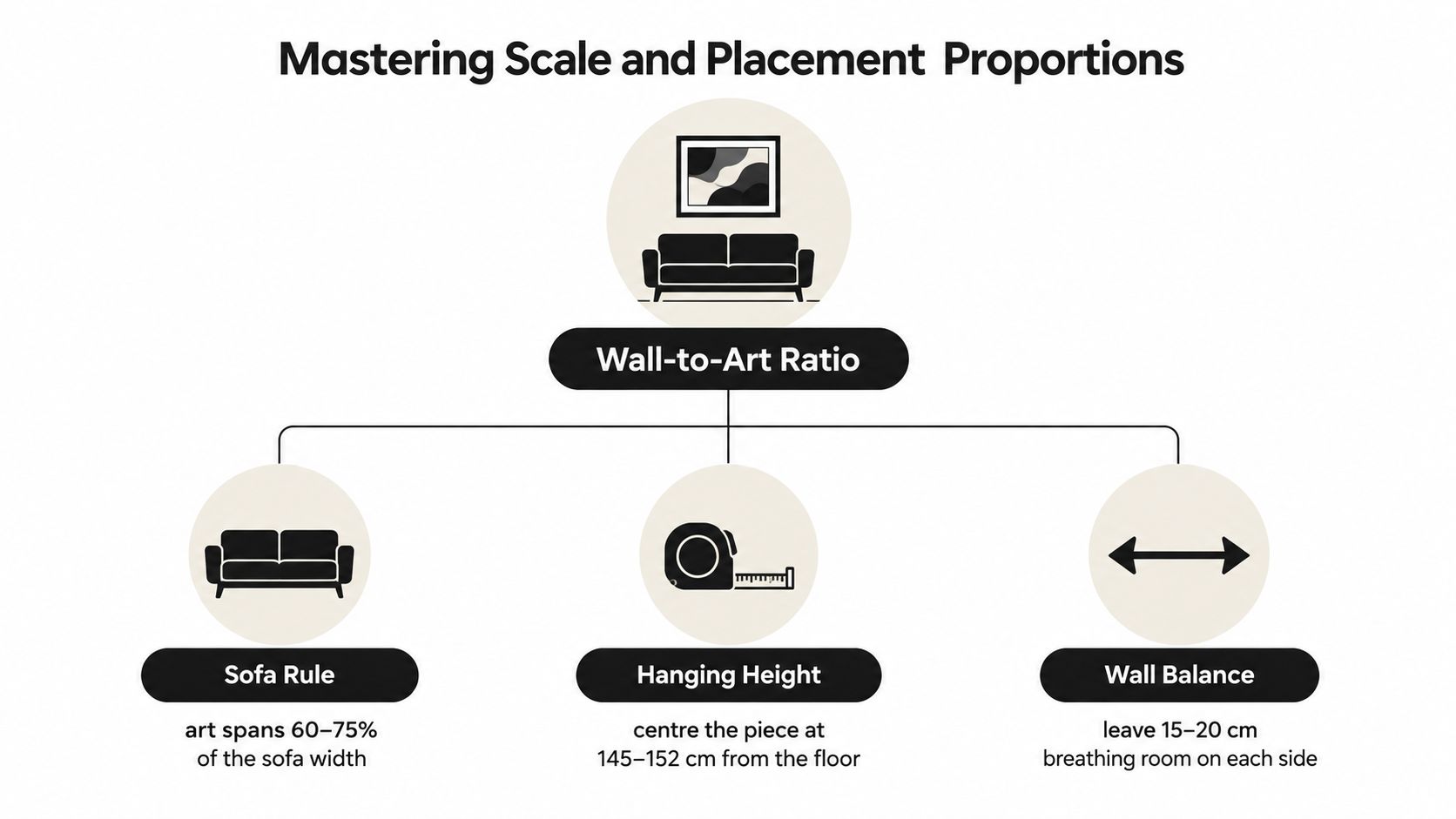An infographic showing guidelines for choosing and hanging art above a sofa with measurements and ratios.