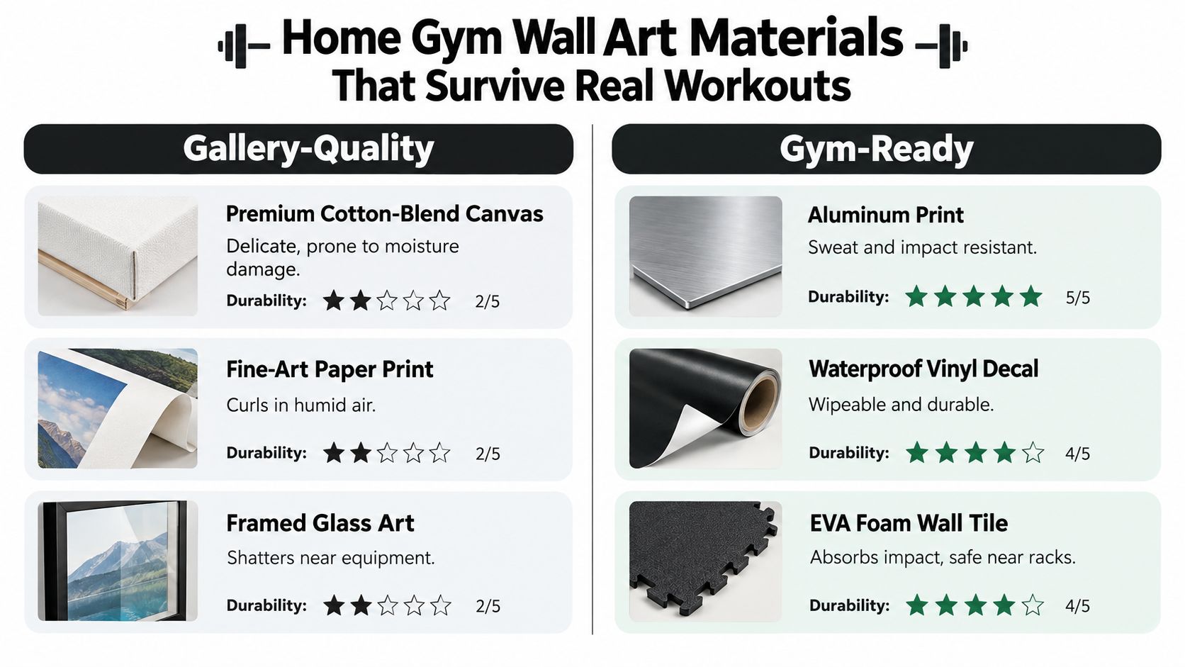 A comparison chart showing gallery-quality versus gym-ready wall art materials suitable for home gym environments.
