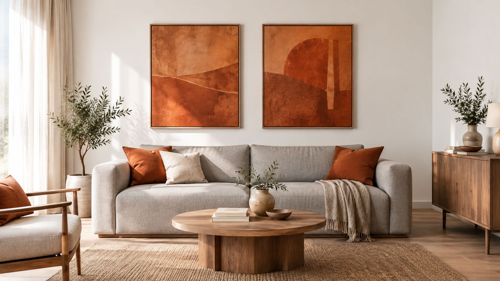 A minimalist living room featuring a grey sofa decorated with burnt orange wall art and cushions.