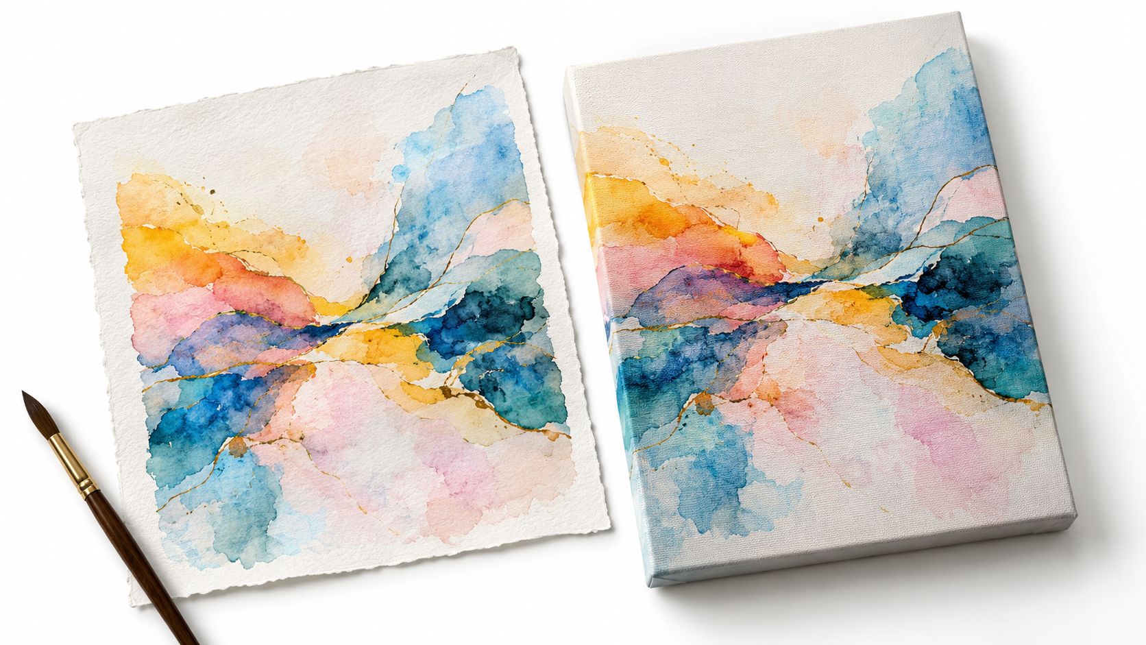 A high-quality art mockup featuring watercolor abstract paintings on textured paper and a canvas next to a brush.