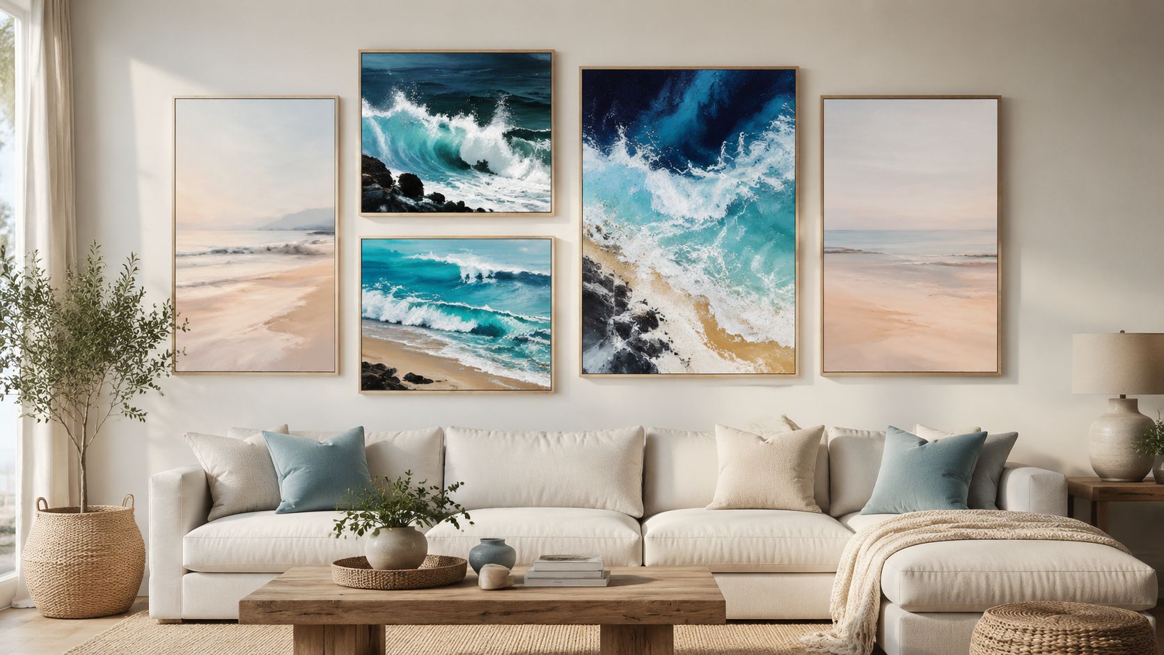 A modern living room with a white sofa and a gallery wall featuring four abstract beach paintings.
