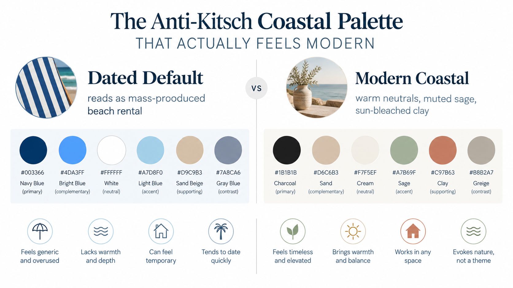 A comparison chart showing a dated blue coastal color palette versus a modern warm neutral palette.