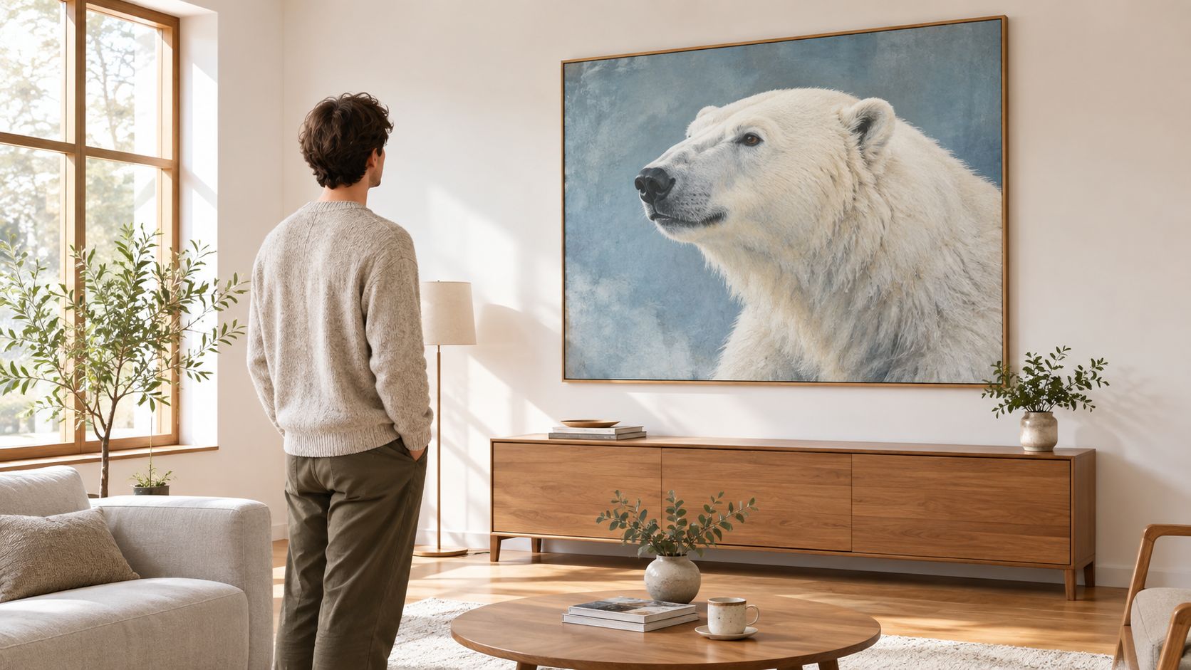 A man in a casual sweater stands in a modern living room looking at a large polar bear painting.