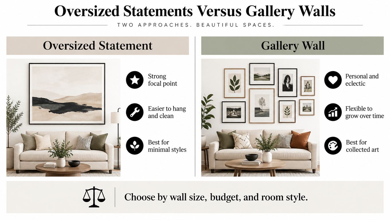 A graphic comparing oversized wall art and gallery walls to help decide on room decor styles.